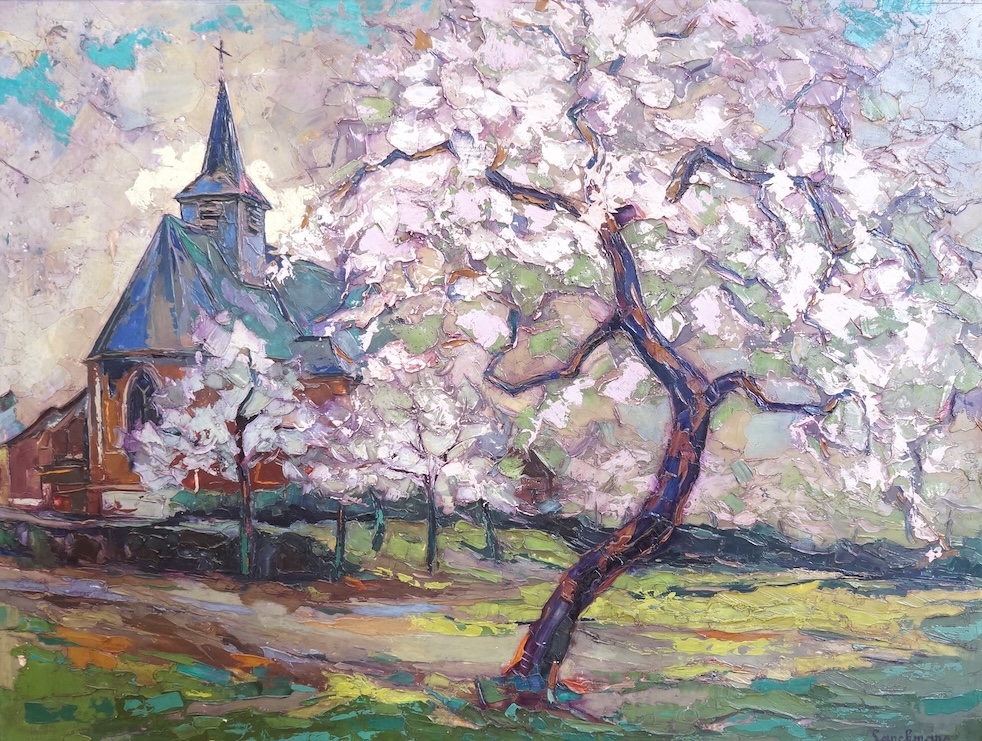 Contemporary, Blossom tree before church, indistinctly signed, impasto oil on board, 62 x 82cm